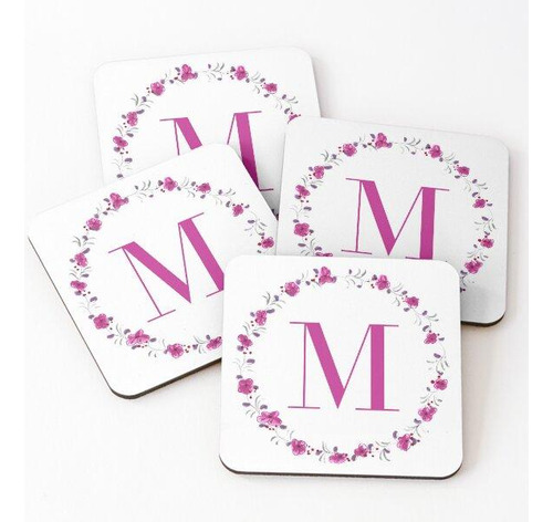 Set Posavasos Monograma Letra M Con Flores Y Hojas De Color
