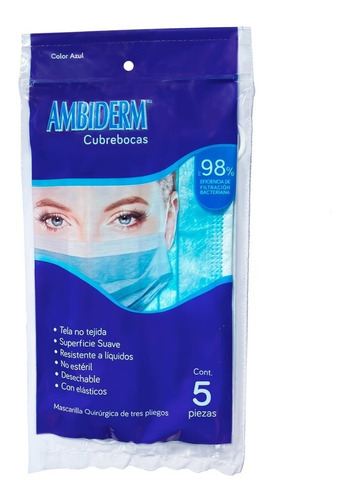 Cubrebocas Ambiderm Adulto Azul 10 Bolsas Con 5 Piezas