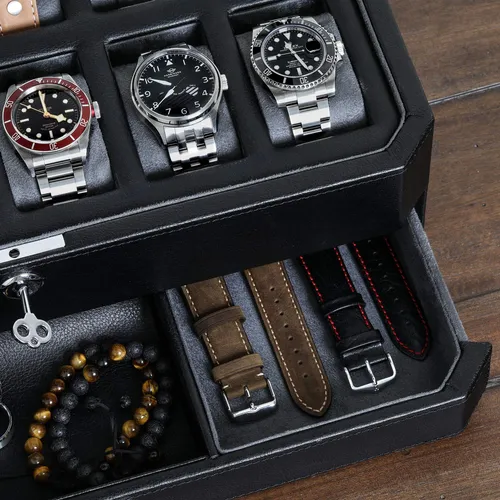 Caja De Reloj Rothwell De Piel Con 12 Ranuras Y Cajón Para A