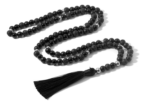 Collar Con Cuentas De 108 Mala, Piedra Volcánica, Ónix Negro