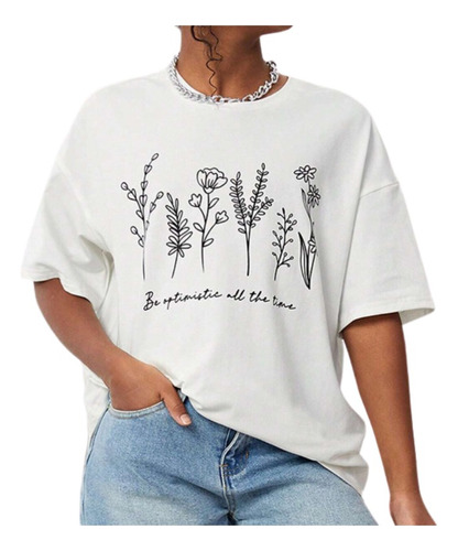Camiseta De Hombros Caídos De Estampado Floral Y Slogan Niña