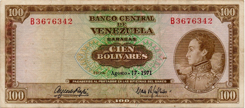 Billete 100 Bolívares 17 De Agosto 1971 Serial B7