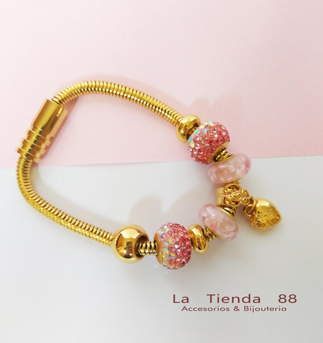 Imagen 2 de 3 de Pulsera Mujer Estilo Pandora Oro Amarillo Charm Pareja