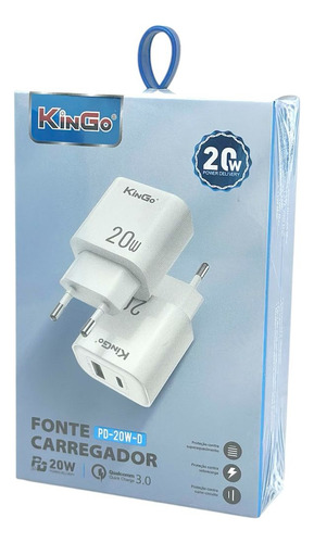 Fonte Carregador Kingo 20w Usb Usb-c Turbo Pd 3.0