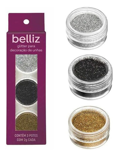 Glitter Belliz P/ Decoração Unha Dourado Prata Preto C/ 3