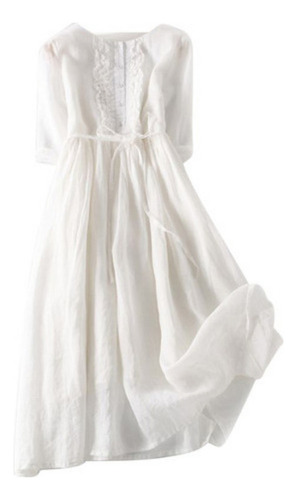 Vestido Vintage De Mujer Algodón Y Lino Con Cuello Redondo