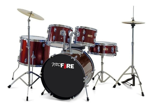 Bateria Pro Fire Bumbo 22 Vinho Ferragem Cromada Com Pratos