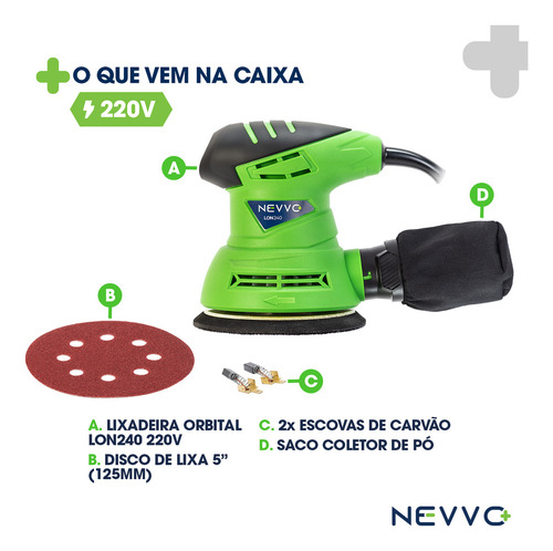 Lixadeira Elétrica Roto Orbital 240w 12.000 Opm Profissional Base 5 Pol 125mm Com Coletor De Pó Nevvo