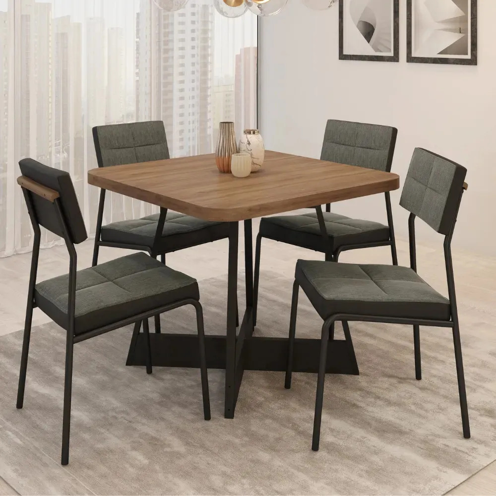 Conjunto Sala de Jantar Mesa e 4 Cadeiras Sydney Carraro Grafite com Preto e Nogal