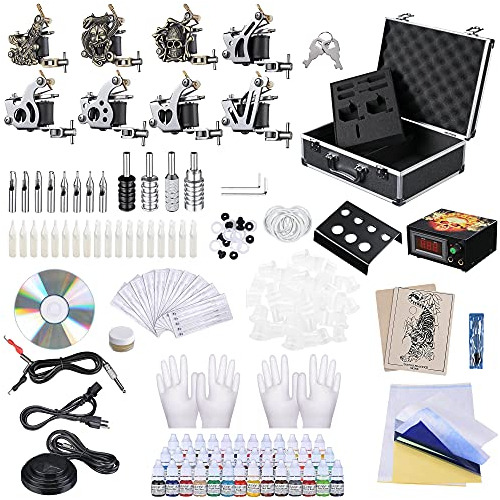 Kit Completo De Tatuaje 8 Máquinas Aguja Lcd Fuente Tinta