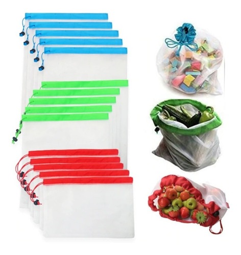 Kit De 15 Bolsas Ecológicas Reutilizables Para Fruta Verdura 3 Tamaños De Malla Nylon Lavable Con Cordón Super A Granel