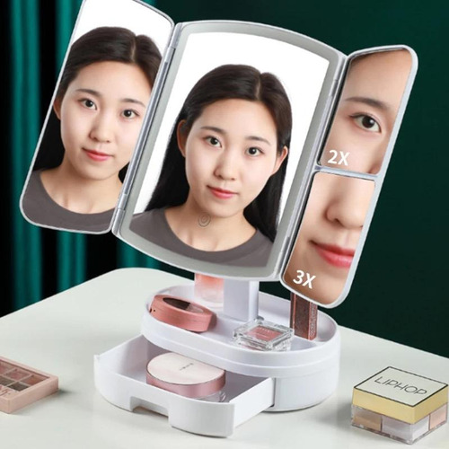 Espejo Tocador Maquillaje Profesional Aumento Led Plegable