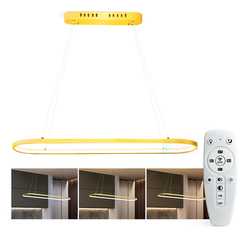 Pendente Led Oval Dourado Quarto Cozinha Mesa Controle 3 Tons Dimmer Moderno Forro Gesso Bancada Casa Attract 4x4sc