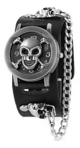 Reloj Calavera Rock Hombre * * Con Cadena Y Calaveras * * Correa Negro Bisel Plateado Fondo Negro