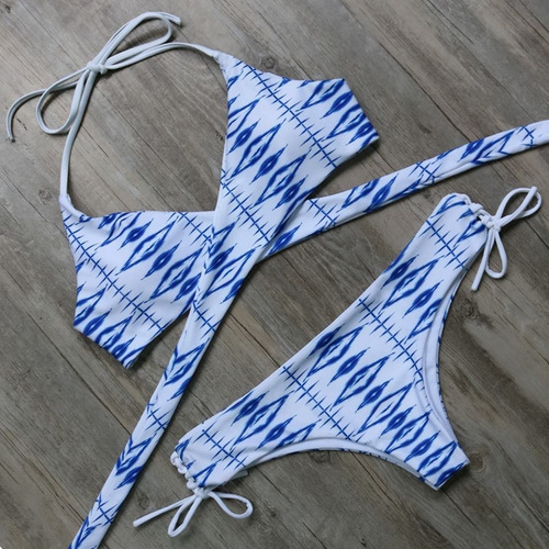 Traje De Baño Bikini 2 Piezas Blanco Con Azul Talla Mediana