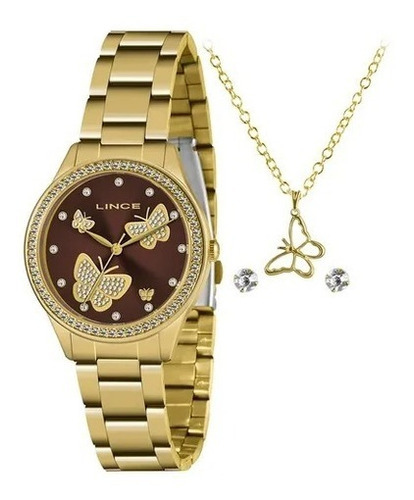 Relógio Lince Feminino Lrgj145l Borboletas Dourado Original Cor do fundo Marrom