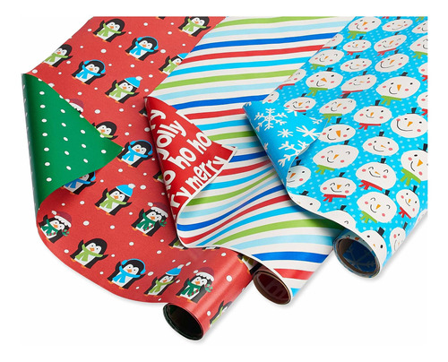 Greetings Papel Navidad Reversible Raya Muñeco Nieve 3