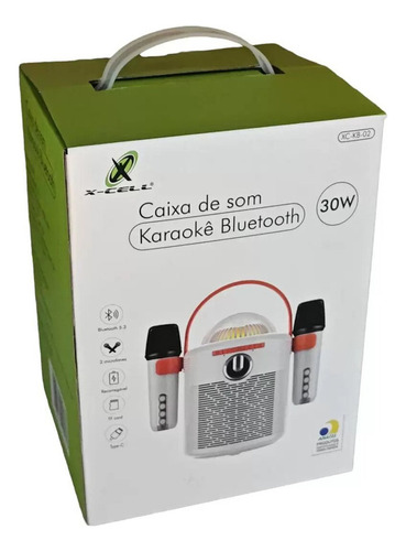 Caixa De Som Bluetooth Portátil Com 2 Microfones Karaokê Cor Branco 5v