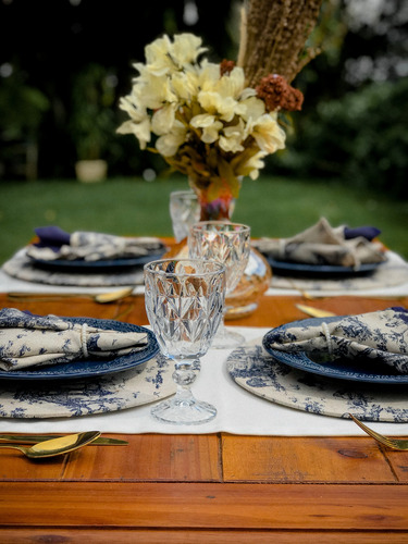 Conjunto Mesa Posta Linho Toile De Jouy Estilo Farm House