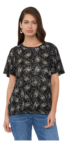 Polera Mujer Hombro Recogido Negro Print Corona