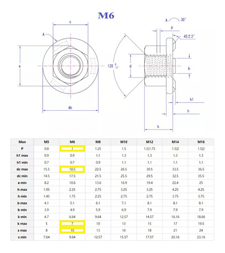 1000 Tuerca D Soldadura N104723 Hexagonal M6 1.0 10x7x18.5mm