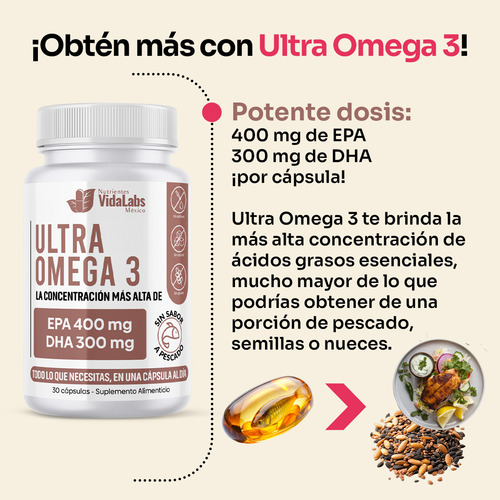 Pack 6 Frascos Ultra Omega 3 Nutrientes Vidalabs México 400 EPA Y 300 DHA