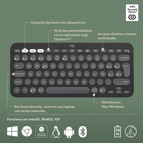 Teclado Logitech Peeble 2 K380s Bt Español Usa Pilas Grafito