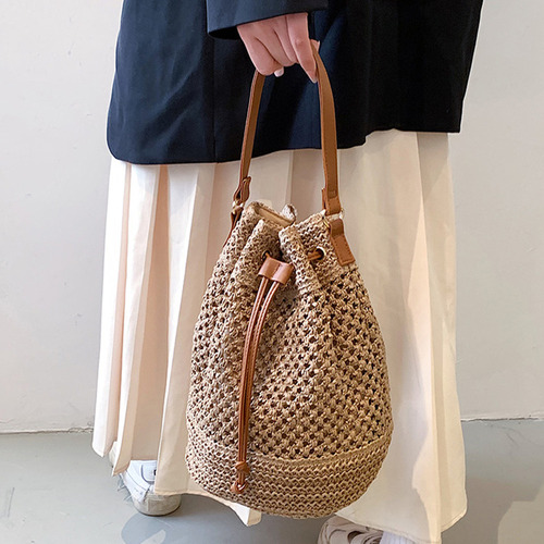 Bolso De Hombro Straw Bucket Bag Con Cordón Para Mujer