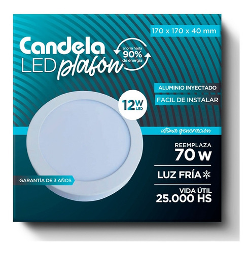 Plafón Led Candela Redondo Con Base 12w Reemplaza 70w 17cm