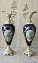 Comprar Par D Jarras Anforas Francesas Porcelana Azul Cobalto Bronce