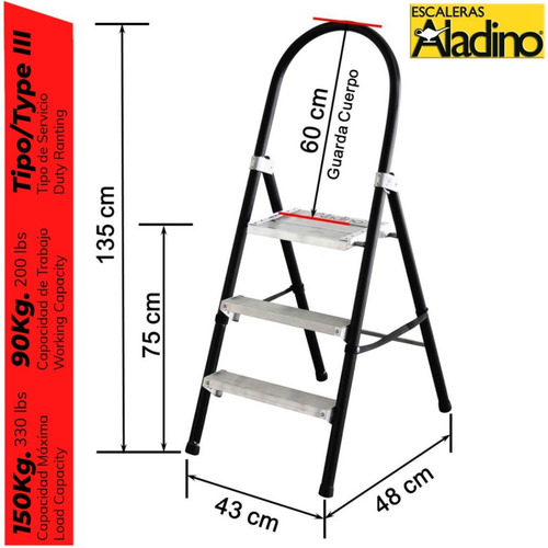 Imagen 2 de 3 de Escalera De Plataforma Aluminio 1.27m 3 Tramos Aladino