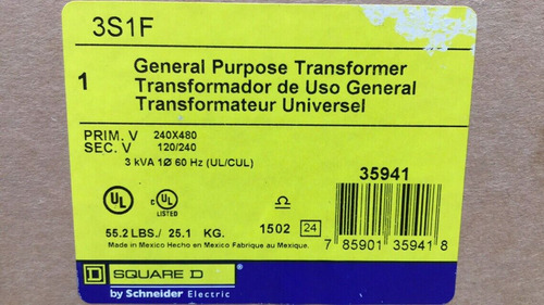 Square D 3s1f General Purpose Transformer 3 Kva 1 Phase Ccb
