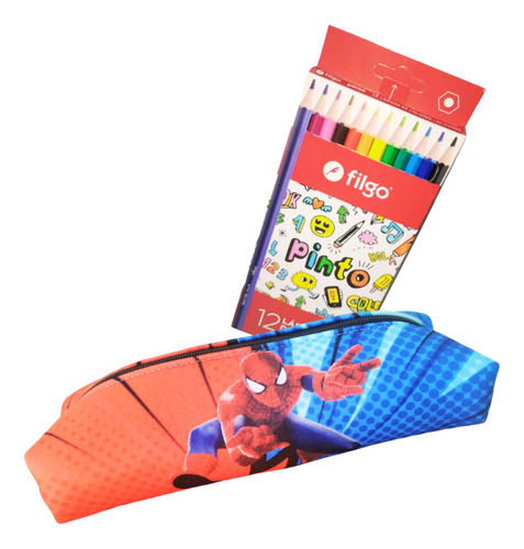 Combo Escolar Cartuchera + 12 Lápices Color Spiderman Mario 