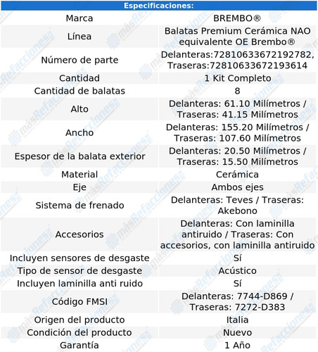 Kit De Balatas Cerámicas Del Y Tras Stratus 01 Al 03 Brembo