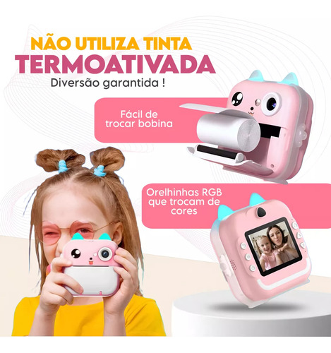 Câmera Digital Infantil Gatinho Com Impressão Instantânea Rosa