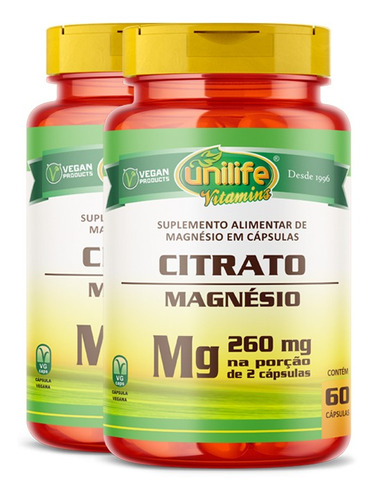 Kit 2 Magnésio Citrato Unilife 60 cápsulas. Sabor Sem sabor