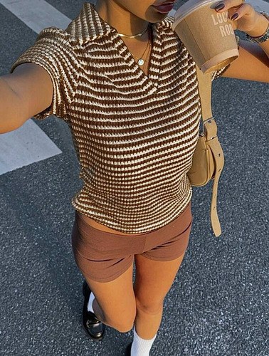 Remera Chomba Polo Hilo Rayada Marron Casual Importada