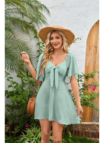 Mini Vestido Con Cordones Y Cuello En V A La Moda Para Mujer
