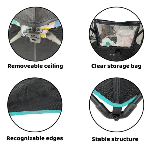 Corral Para Bebé Hexagonal Con Toldo Pamo Babe Negro/menta Negro