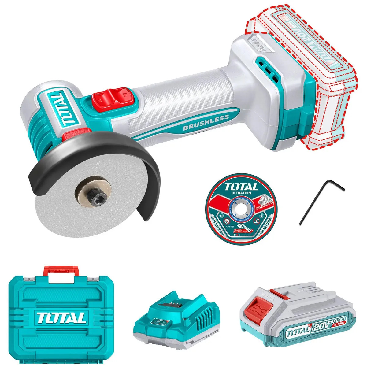 Mini triturador sem fio total de 20 V - 3 polegadas, 76 mm - com 1 bateria de íon de lítio de 2,0 ah, carregador, 3 discos e estojo - Tagli207625