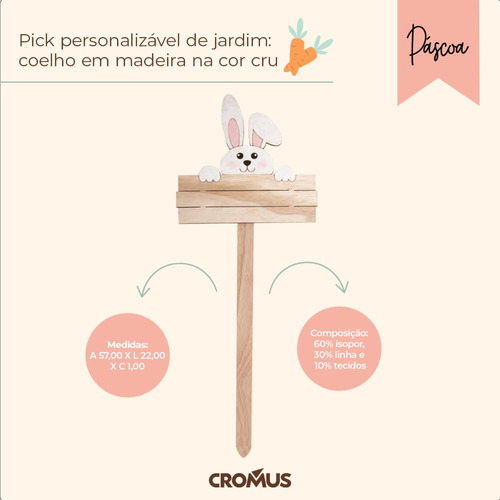Pick Personalizável De Jardim Coelho Em Madeira Cru 57x22 Cm