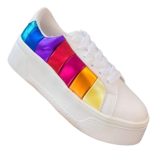 Tenis Sneakers De Plataforma Blancos Con Colores Arcoiris