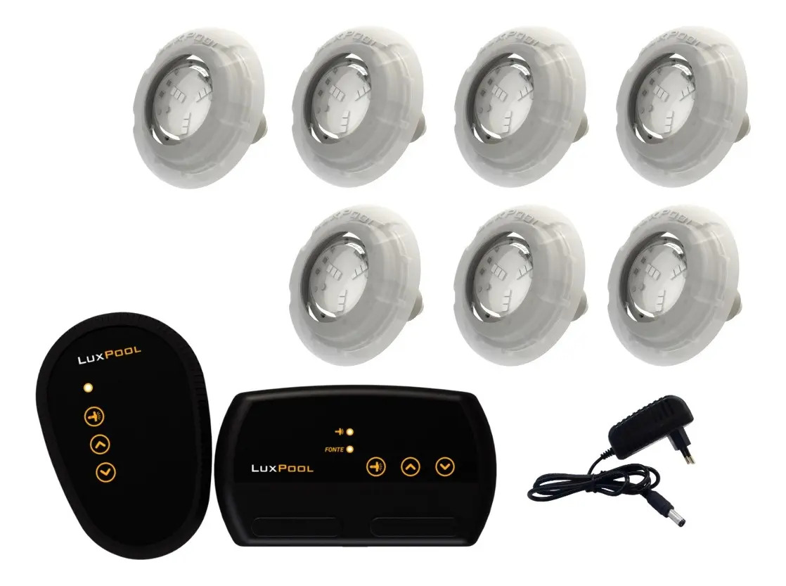 Kit Led Piscina Com Módulo Rgb Luxpool + 7 Leds Rgb + Fonte
