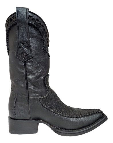 Bota Cuadra Piel Mantarraya Estilo Versage Tejida Negro