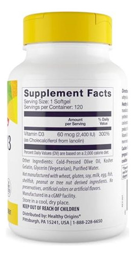 Healthy Origins Vitamina D3 2400ui 120 Cápsulas Blandas