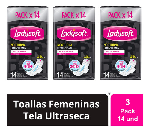3pack Toallas Femeninas Ladysoft Nocturna Ultradelgada 14 Un