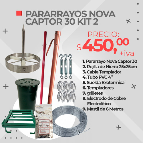 Imagen 3 de 10 de Kits Con Pararrayos Ionizante Nova Captor 30. 35m De Radio