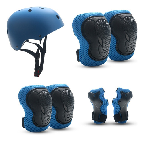 Juego De Casco Protector Y Rodilleras De 7 Piezas, Azul