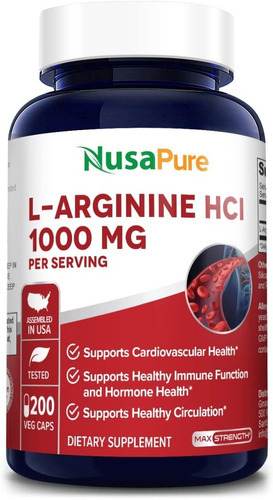 L-arginina Hcl 1000mg 200 Tabletas Nusapure Hecho En Usa Sabor S/n