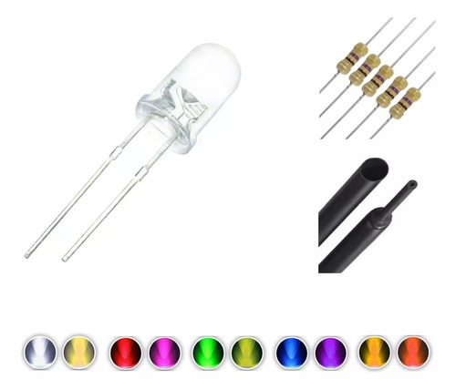 50 Un. Led 5mm Alto Brilho Kit+termo+ Resistor 5v 9v 12v 24v